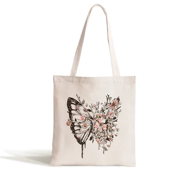 Motýľ Plátno Tašky, Nákupné tašky Vytlačené Ramenní Taška Eko Bavlna Bielizeň Shopper Tašky Tkaniny Tkaniny Kabelka Tote pre Dievčatá